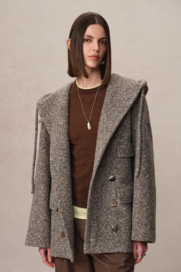 Rue Hooded Long Coat in Ultra-Light Wool BouclÃ©