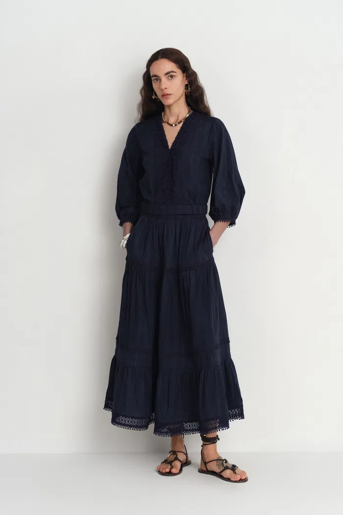 Elli Embroidery Puff Sleeve Blouse Top and Maxi Skirt Matching Set in Cotton