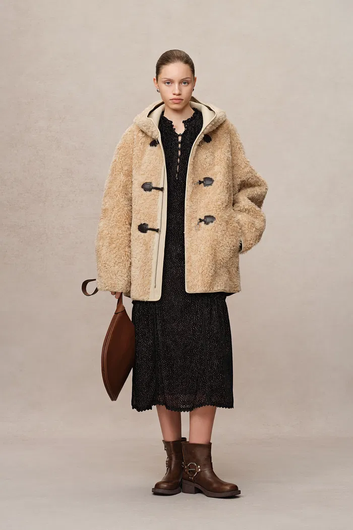 ClÃ©mence New Semi Oversized Hooded Sherpa Short Coat in Wool Blend
