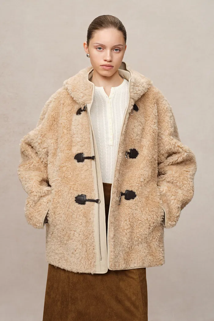 Clémence New Semi Oversized Hooded Sherpa Short Coat in Wool Blend