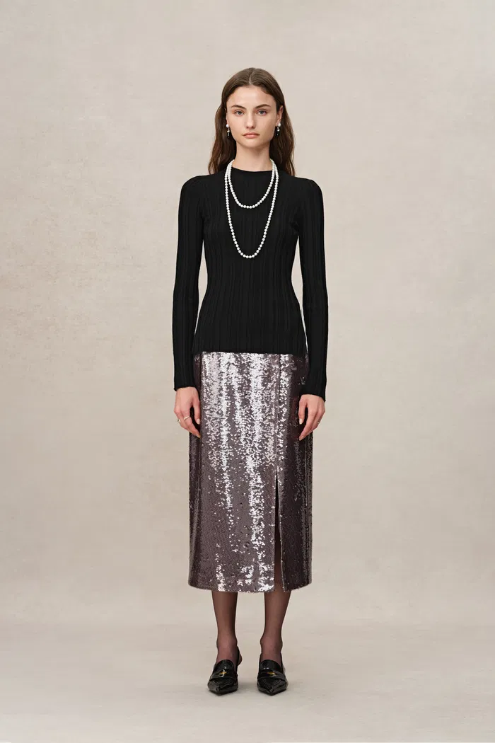 Cara Side Slit Long Sleeve Fitted Top in Merino Wool Yang Yarn Knit