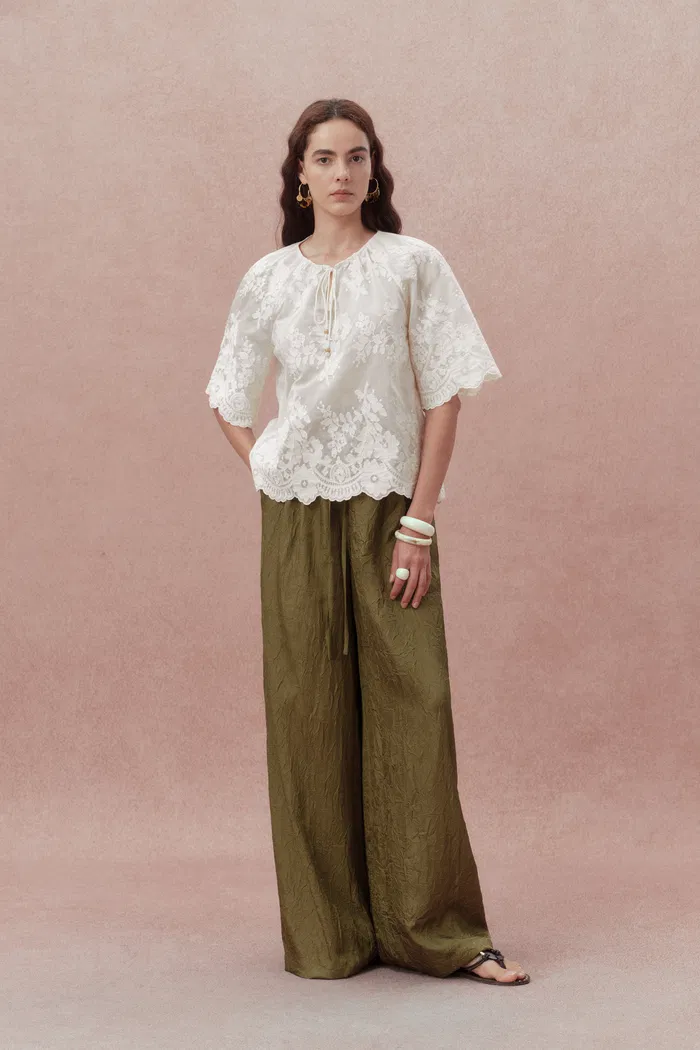 Marjorie Embroidered Short Sleeve Blouse in Sheer Fabric Embroidery