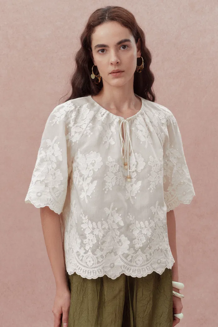 Marjorie Embroidered Short Sleeve Blouse in Sheer Fabric Embroidery