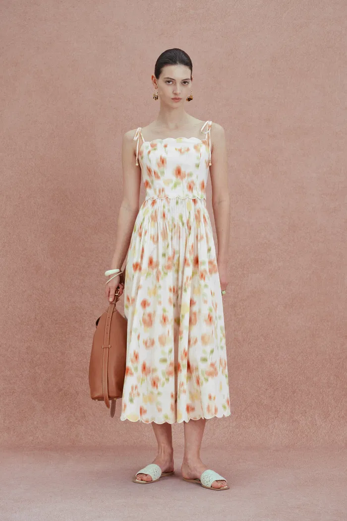 Julia Scalloped Hem Flora Strap Dress in Stretch Cotton