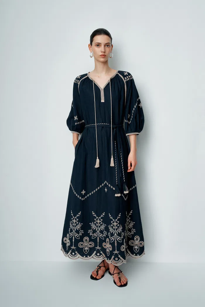 Antonia Embroidered Robe Dress in Linen Blend