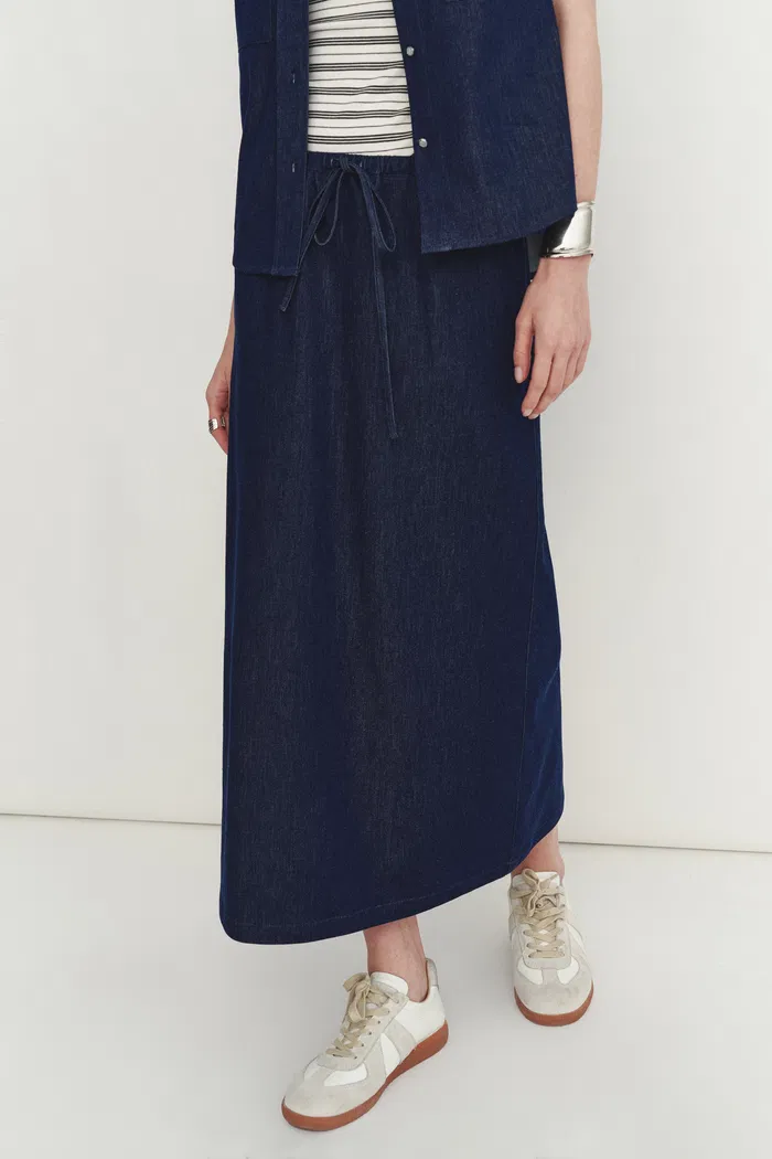 Francesca Midi Skirt in Linen-Cotton Denim