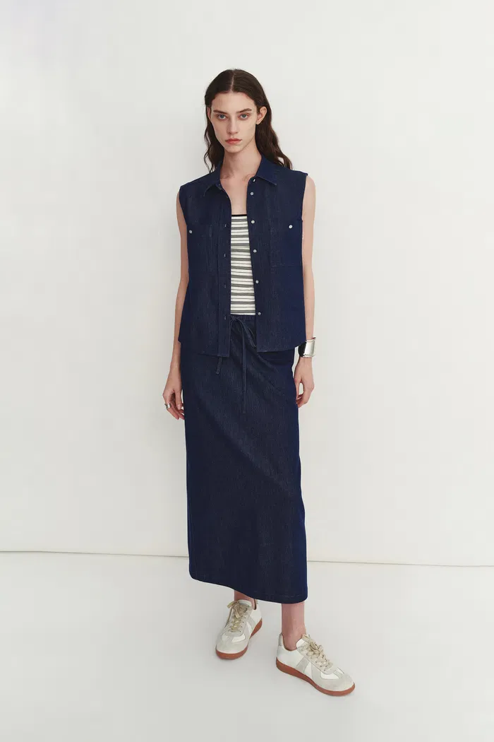Francesca Midi Skirt in Linen-Cotton Denim