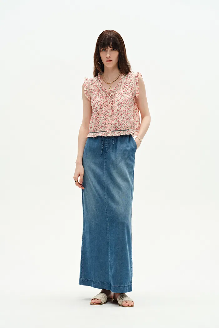 Floris Ruffled Floral Sleeveless Top in Silk-Cotton