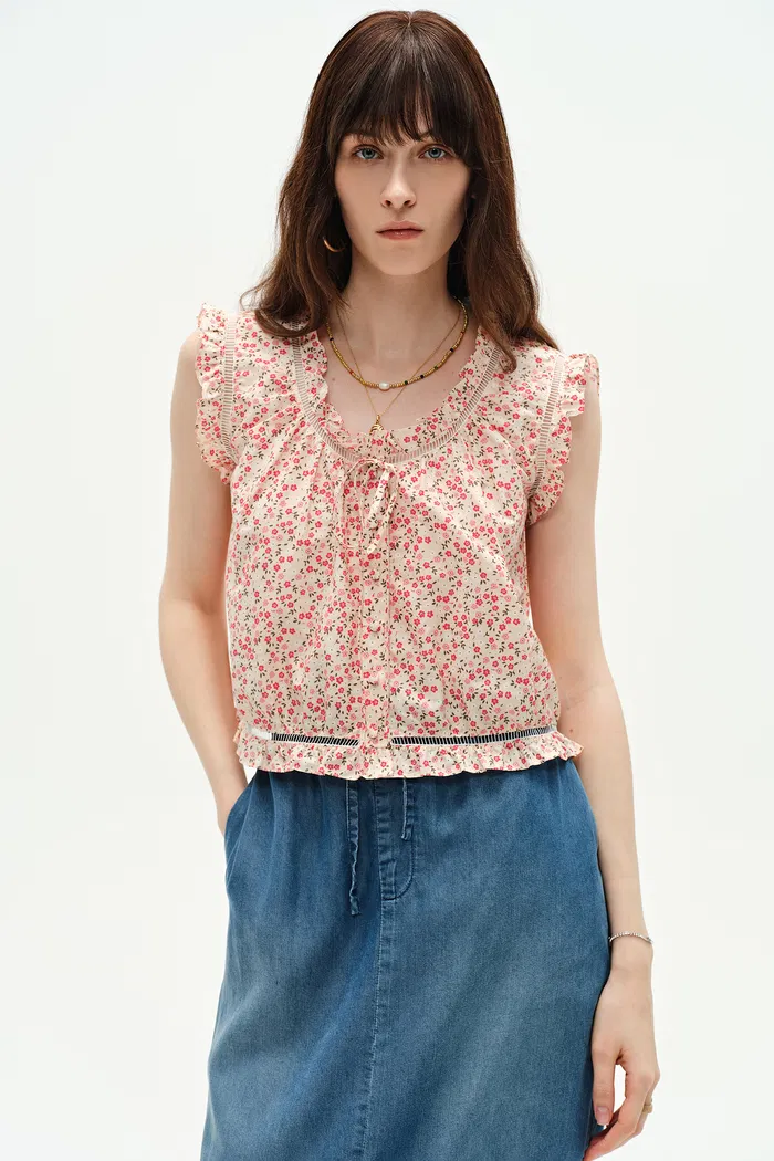 Floris Ruffled Floral Sleeveless Top in Silk-Cotton