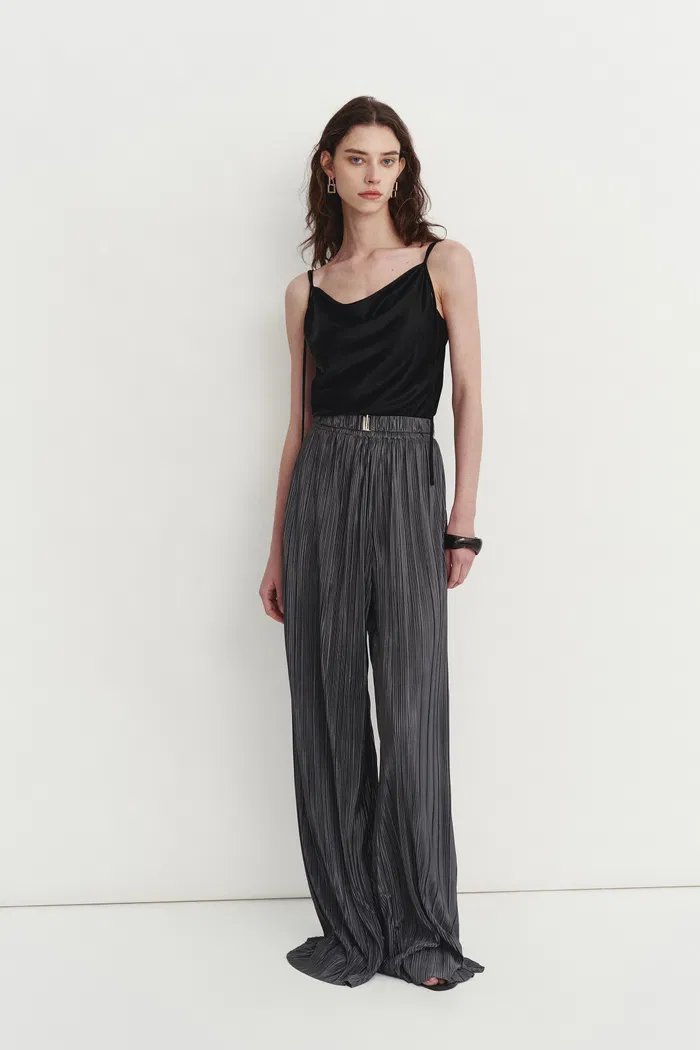 Vesper Belted Reflective Pants in Pleated Microfiber