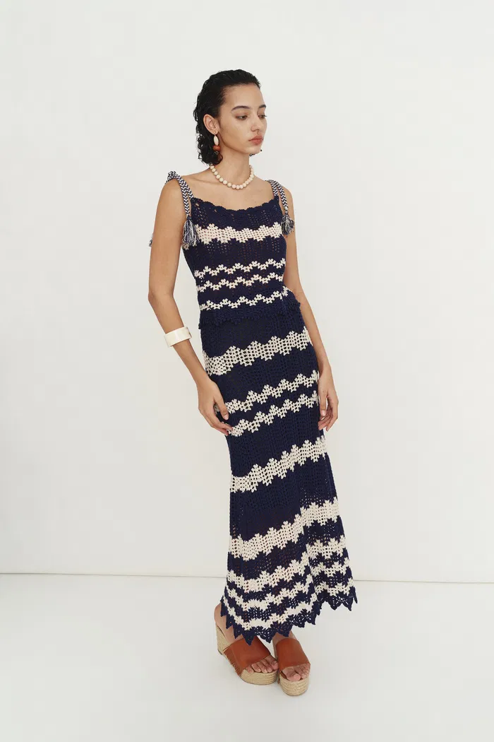 Cecilia Handcrafted Contrast Crochet Strap Sleeveless Top and Skirt Matching Set in Cotton-Linen Blend
