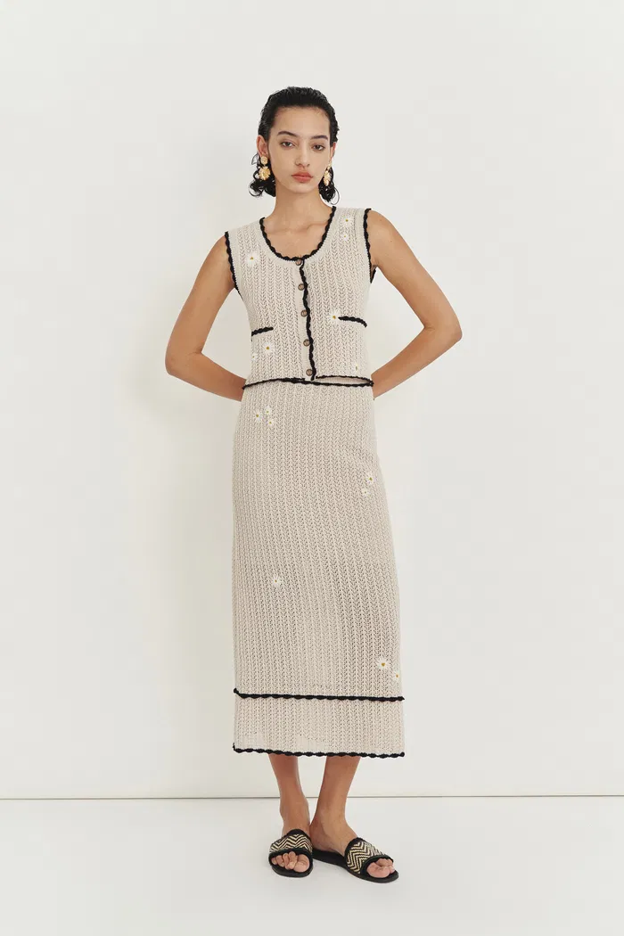 Azores Handcrafted Daisy Crochet Sleeveless Top and Palma Midi Skirt Set in Cotton-Linen Blend