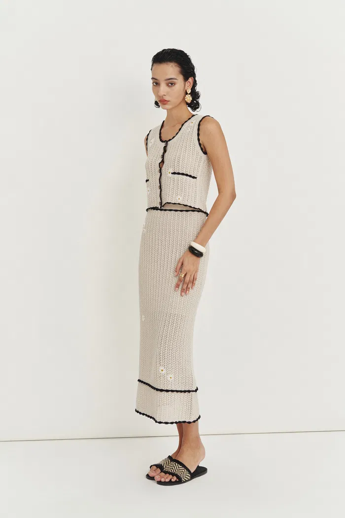 Azores Handcrafted Daisy Crochet Sleeveless Top and Palma Midi Skirt Set in Cotton-Linen Blend