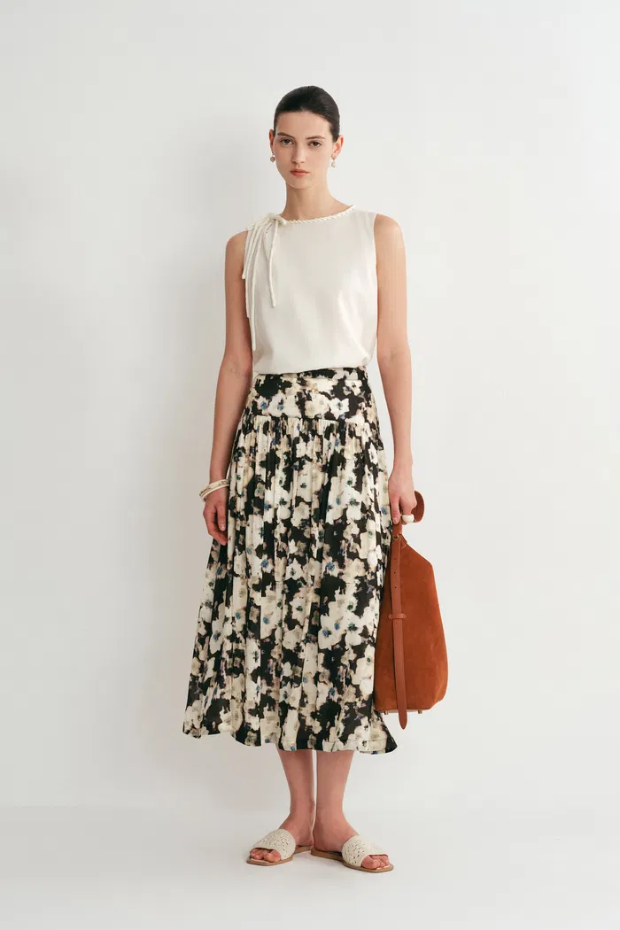 Pearl Tiered Flora Skirt in Silk-Linen
