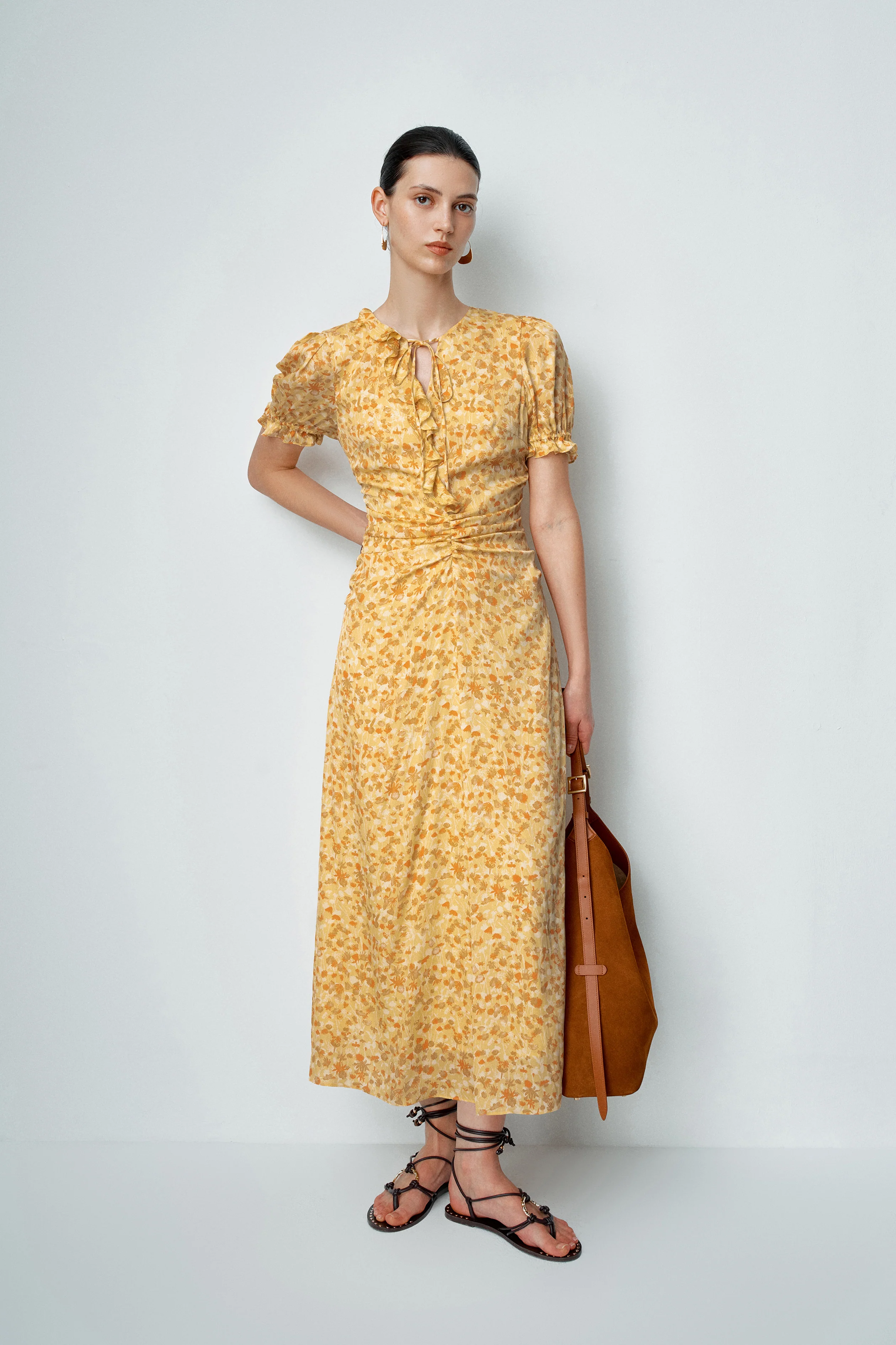 Paula Hand Painted Flora Ruffle Dress in Matte Silk Crepe
