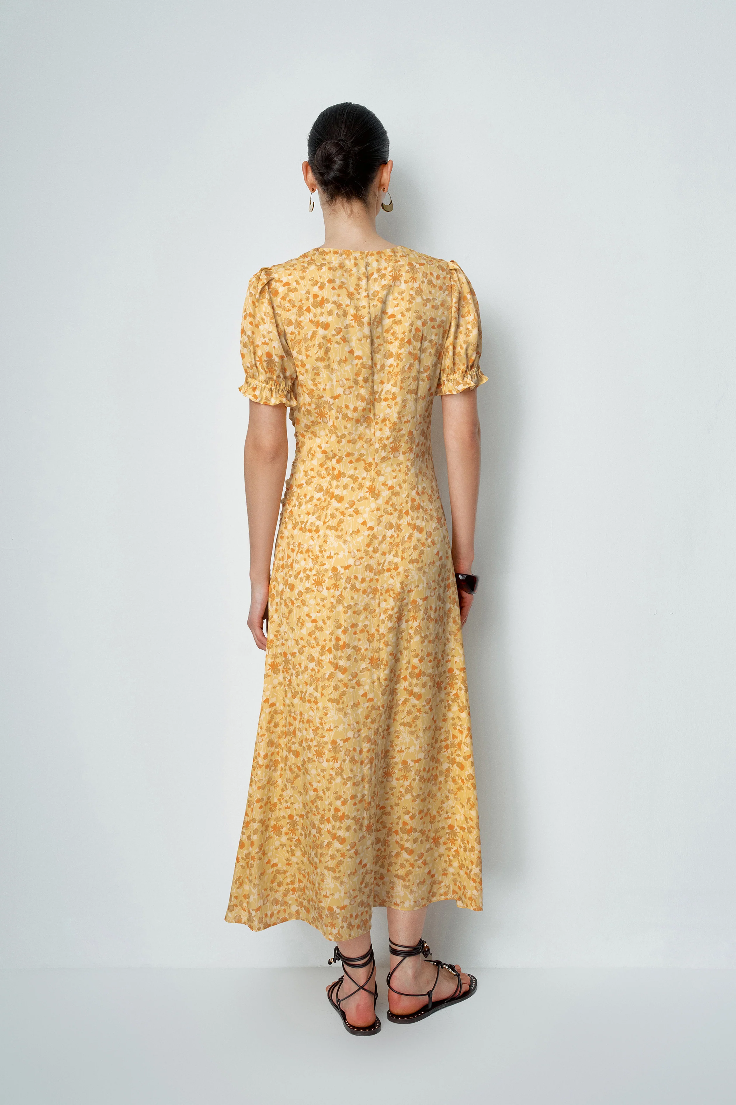 Paula Hand Painted Flora Ruffle Dress in Matte Silk Crepe