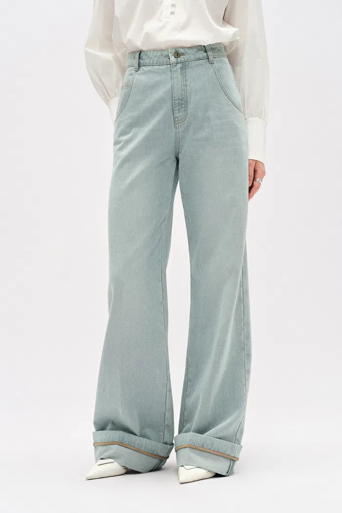 NÃ®mes Embroidered Wide Leg Jeans in Cotton Denim