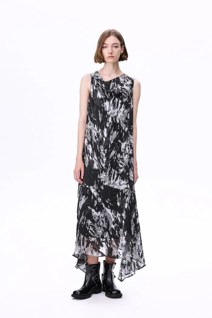 Sato Printed Cowl Neck Dress in DevorÃ© Silk