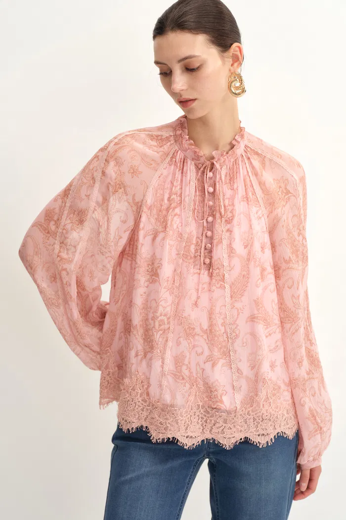 Xyla Semi Sheer Blouse in Silk Crepe with Paisley