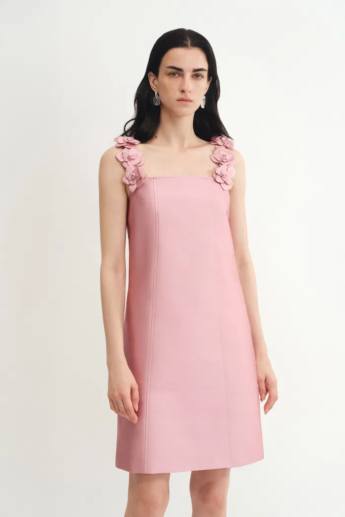 Katia 3D Handcrafted Flower Strap Dress in Silk-Wool Satin