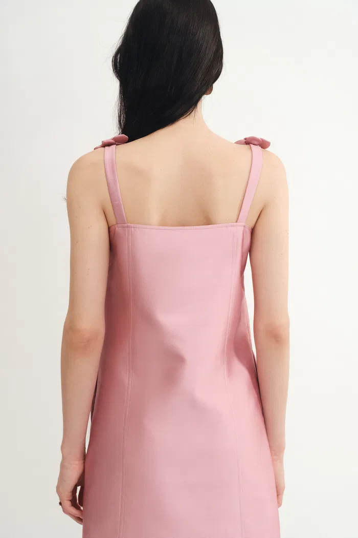 Katia 3D Handcrafted Flower Strap Dress in Silk-Wool Satin