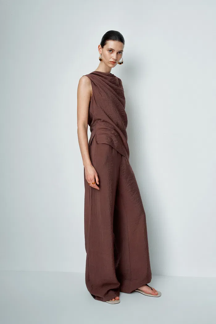 Phoebe French Cowl Sleeveless Top and Wide Leg Pant Matching Set in Dry Silk