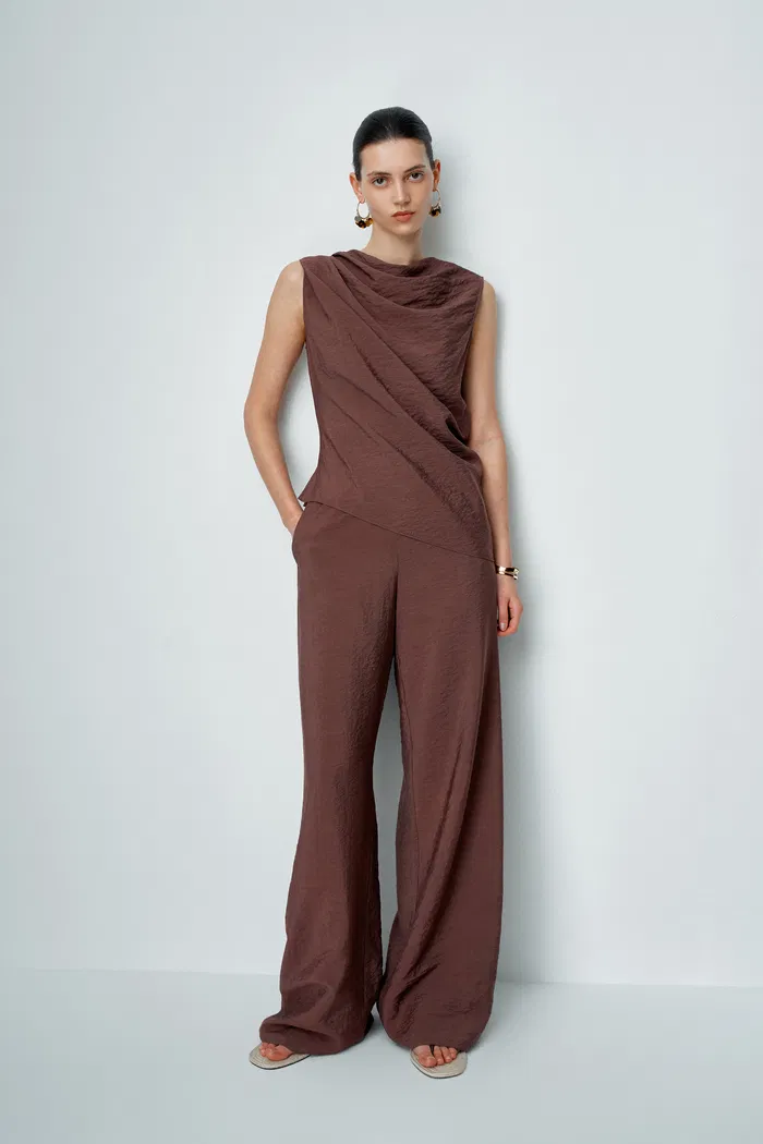 Phoebe French Cowl Sleeveless Top and Wide Leg Pant Matching Set in Dry Silk