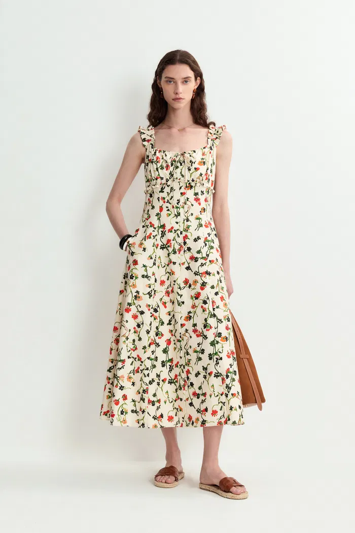 Fleur Rose Vine Ruffled Strap Midi Dress in Silk-Cotton