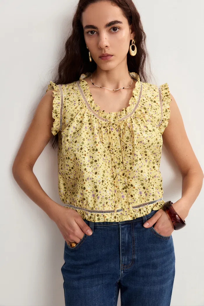 Floris Floral Sleeveless Blouse Top in Mulberry Silk Cotton