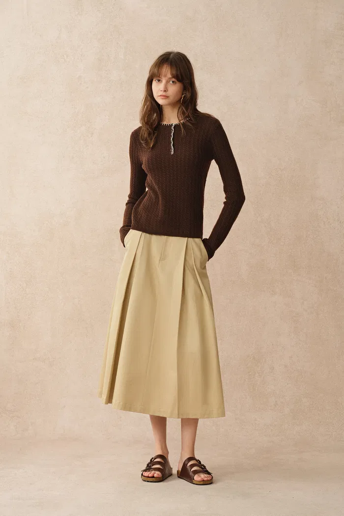 Mika Brown Henley Neck Long Sleeve Top in Merino Wool Cable Knit