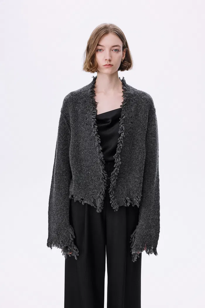Vela Frayed Edge Open Cardigan in Wool Loop Knit