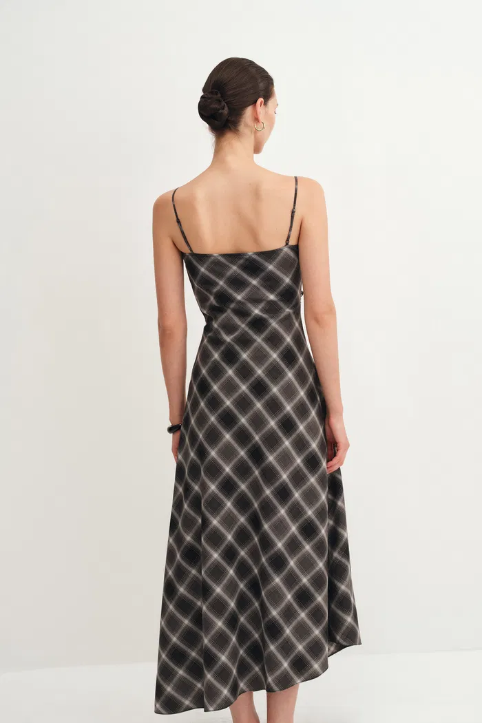Anna Slanted Checkered Strap Dress in Fine Wool Blend