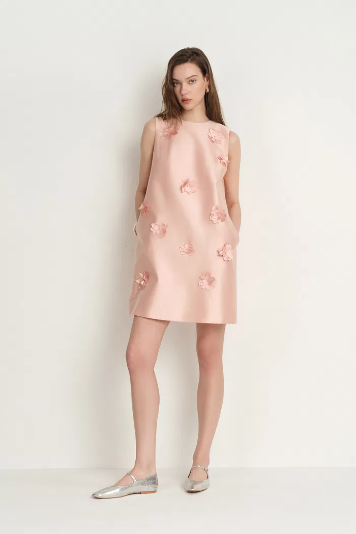 Luminere Beaded Floral Applique Sleeveless Short Dress in Silk-Wool Satin
