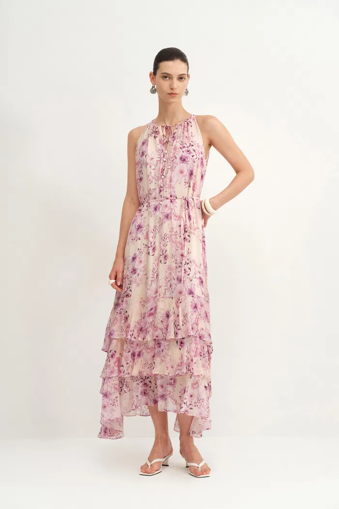 Sally Hand Painted Flora Ruffle Dress in Summer Sheer