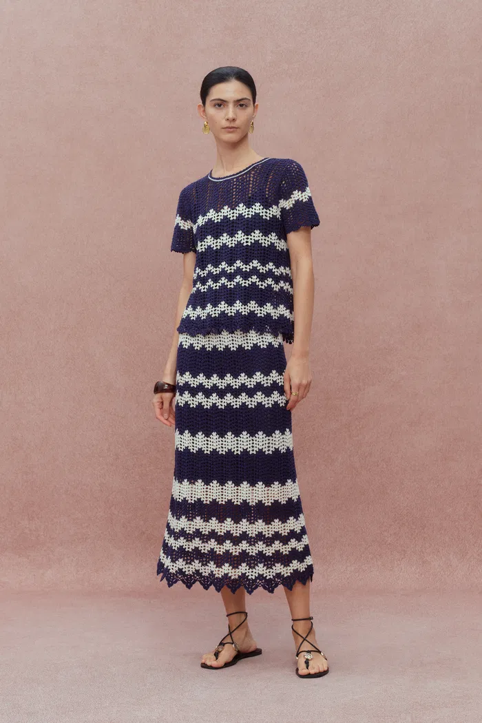Cecilia Contrast Handcrafted Crochet Top and Skirt Matching Set in Cotton-Linen Blend Knit