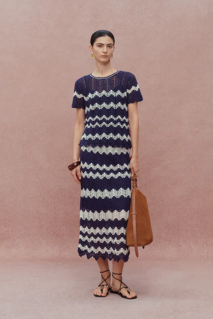 Cecilia Contrast Handcrafted Crochet Top and Skirt Matching Set in Cotton-Linen Blend Knit