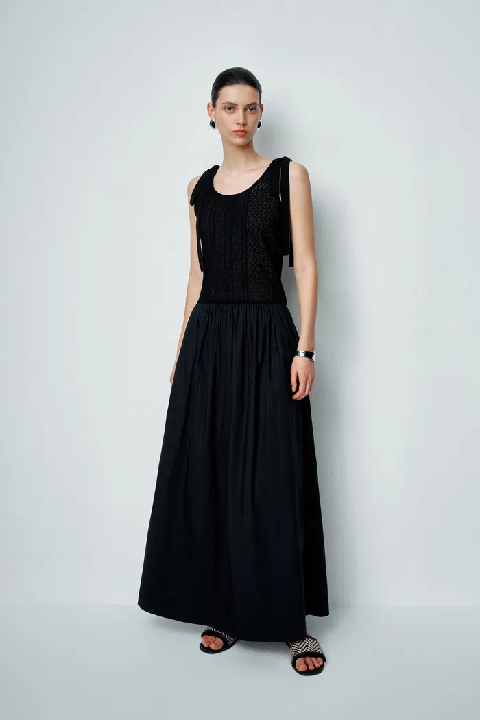 Sama Mixed Fabric Maxi Dress in Stretch Silk and Micropleat Nylon