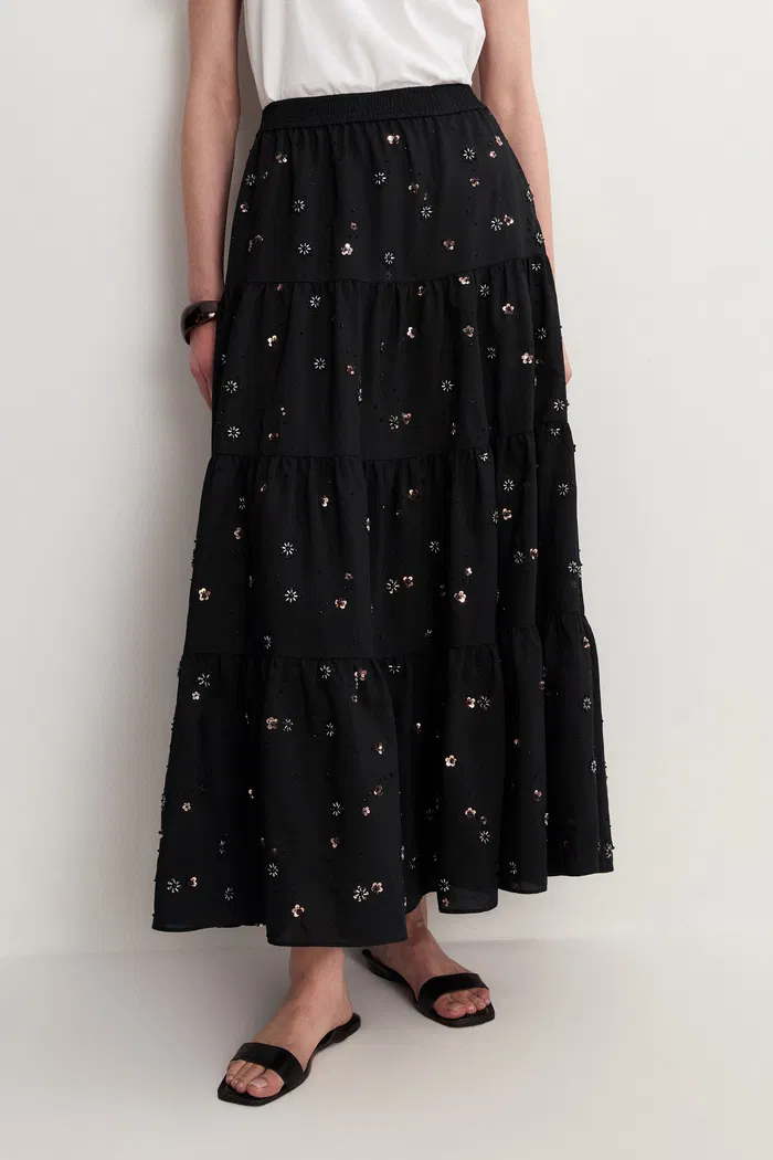 Emily Hand Beaded Sequin Embroidered Maxi Skirt in Beaded Wool Blend