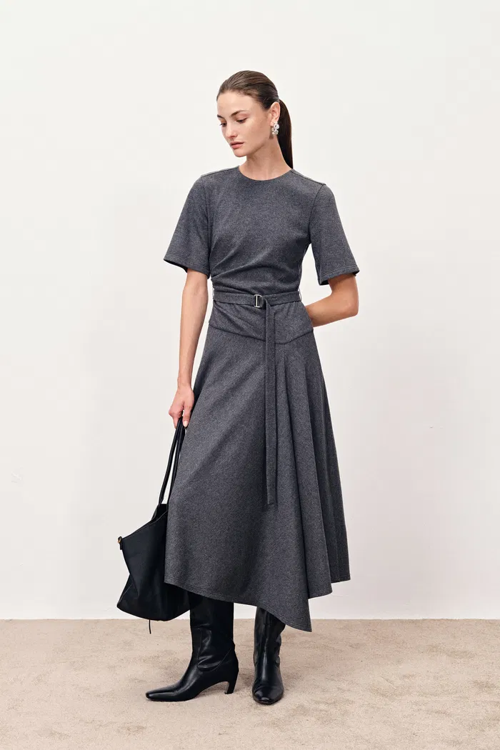 Bea Asymmetric Hem Wool Dress in Merino Wool