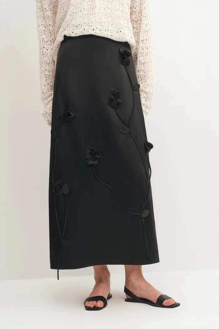 Hana 3D Flora Studded Maxi Skirt in Silk-Wool Satin