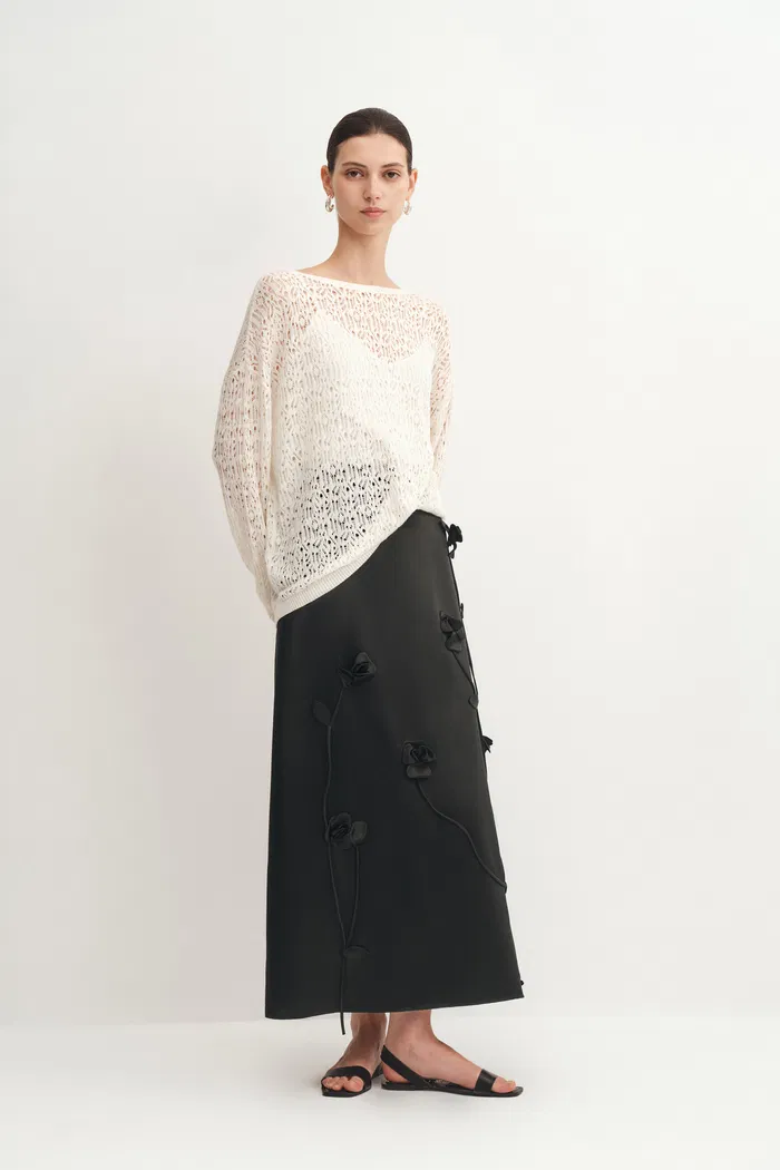 Hana 3D Flora Studded Maxi Skirt in Silk-Wool Satin