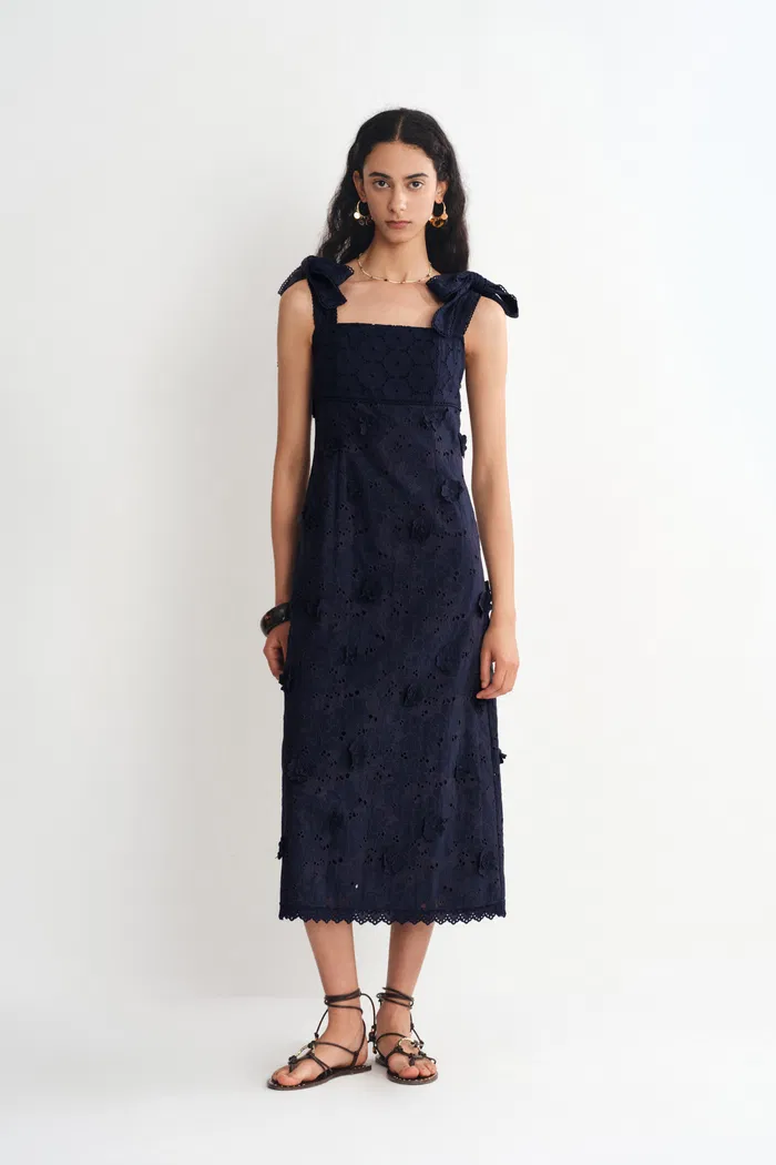 Elise 3D Flora Applique Dress in Eyelet Embroidered Cotton