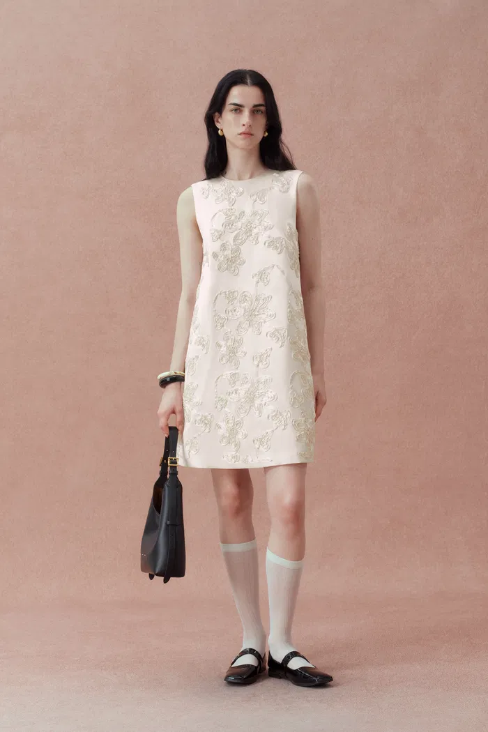 Zhen 3D Flora Embroidery Short Dress in Silk-Wool Satin