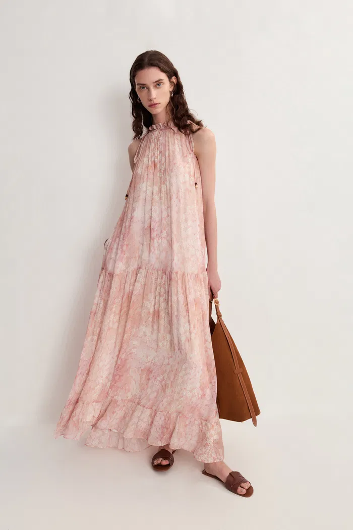 Vale Halter Hand Painted Flora Print Halter Dress in Crinkled Rayon