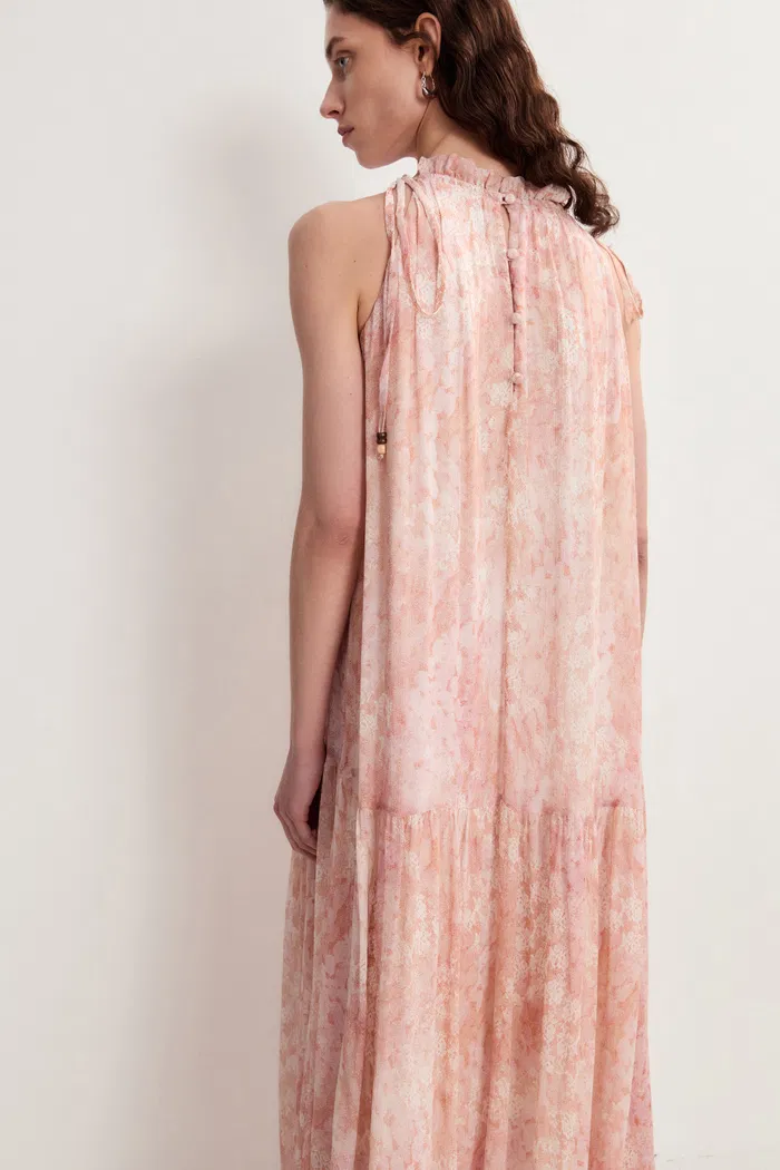Vale Halter Hand Painted Flora Print Halter Dress in Crinkled Rayon
