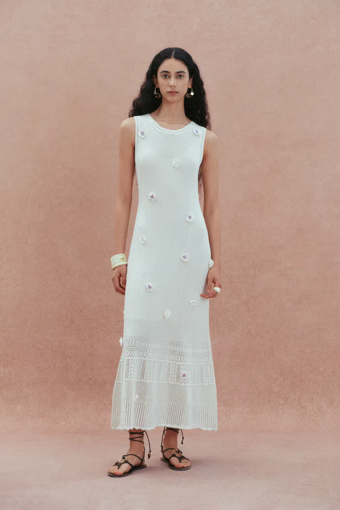 Ellie White  Sleeveless Floral Crochet Dress in Cotton Linen Knit