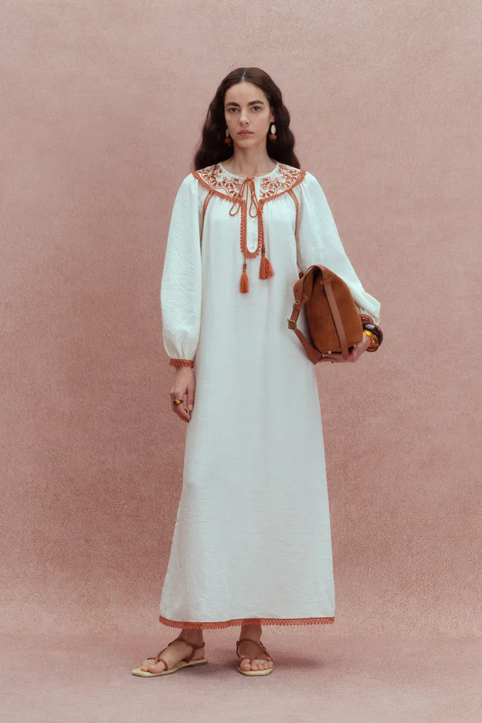 Virginia Artisan Embroidery Tie Neck Dress in Cotton Linen Blend