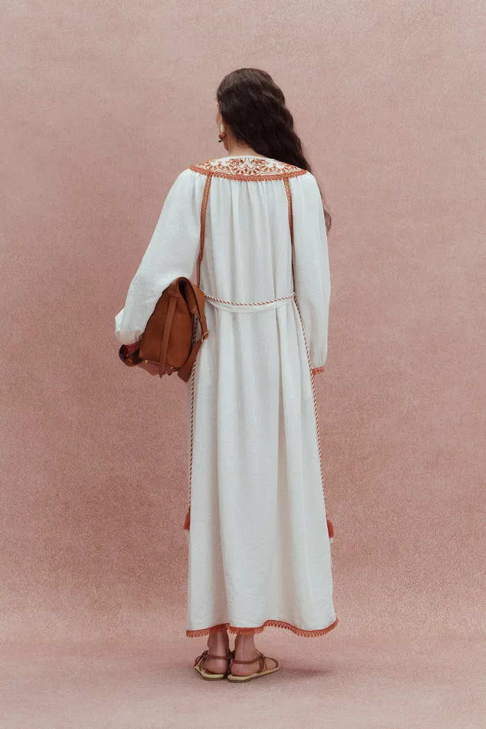 Virginia Artisan Embroidery Tie Neck Dress in Cotton Linen Blend