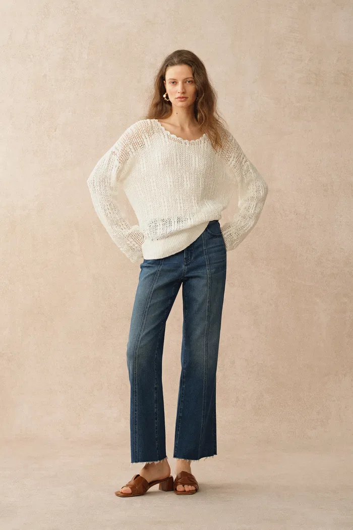 Livy Scalloped Neckline Cardigan in Textured Cotton Knit