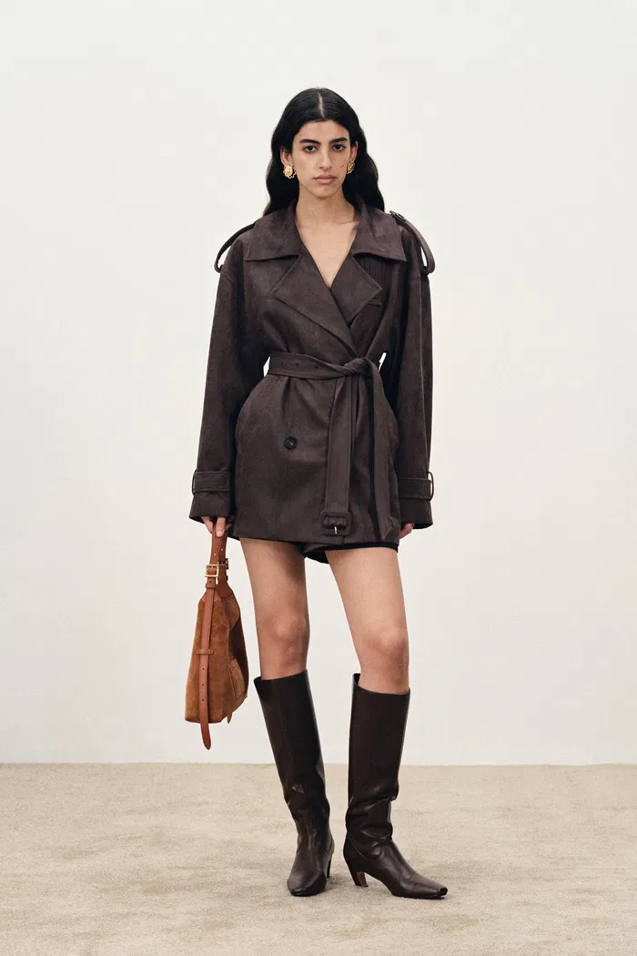 Nellie Large Lapel Short Trench Coat in Faux Suede